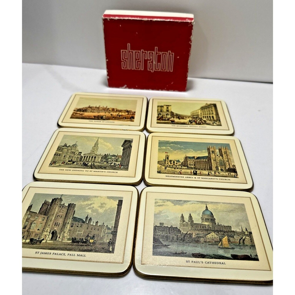Sheraton Old London Views cork back coasters lot of 6 in box